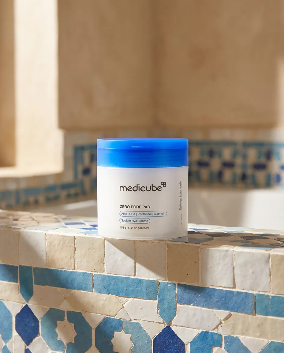 علبة Zero Pore Pad فوق حافة بزليج أبيض وأزرق