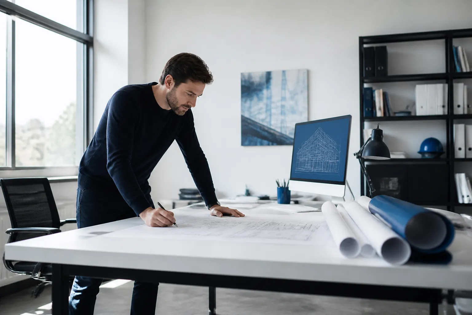 Bureau d’étude lumineux avec plans roulés et poste de travail