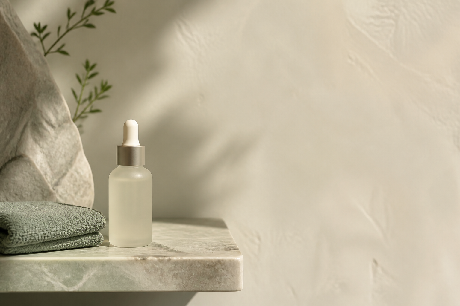 Flacon de Sérum Rituel sur une étagère minérale avec une serviette