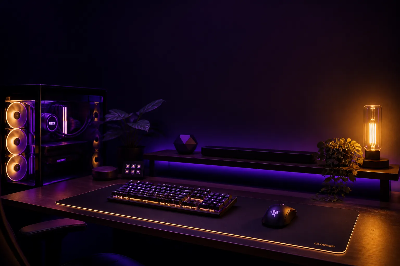 Setup gaming complet avec bureau, clavier rétroéclairé et souris dans une ambiance or et violette