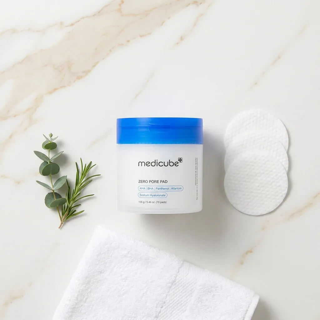 flat lay لعلبة Zero Pore Pad وpad مرتبة مع فوطة بيضاء