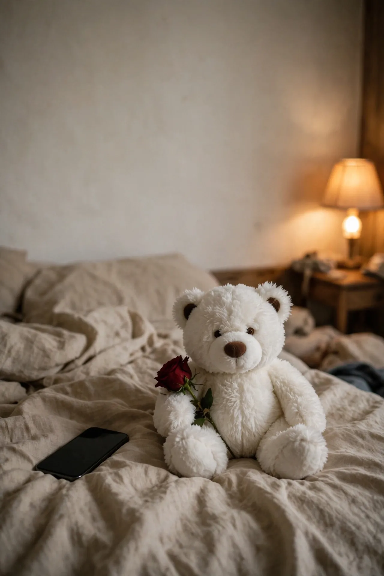The Huggable sitting on a bed in warm bedside lamp light, a handwritten note resting against it