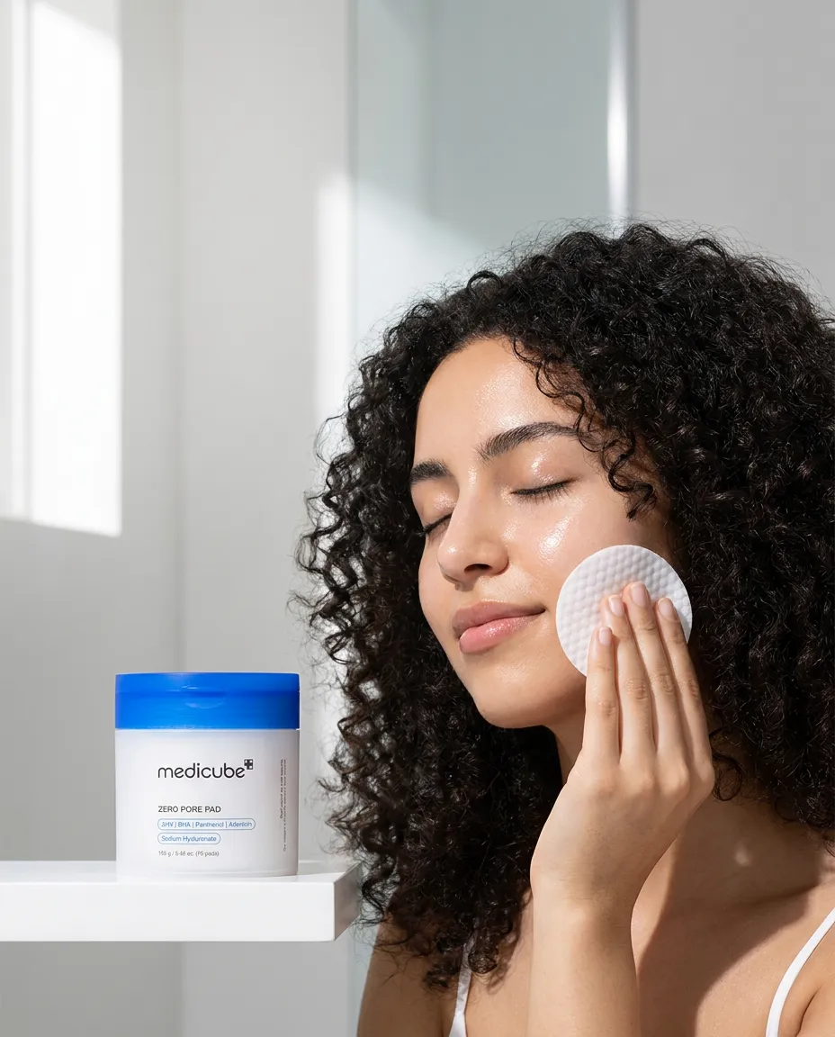 امرأة جزائرية بشعر مجعد تمسح خدها بقطنة وبجانبها علبة Zero Pore Pad
