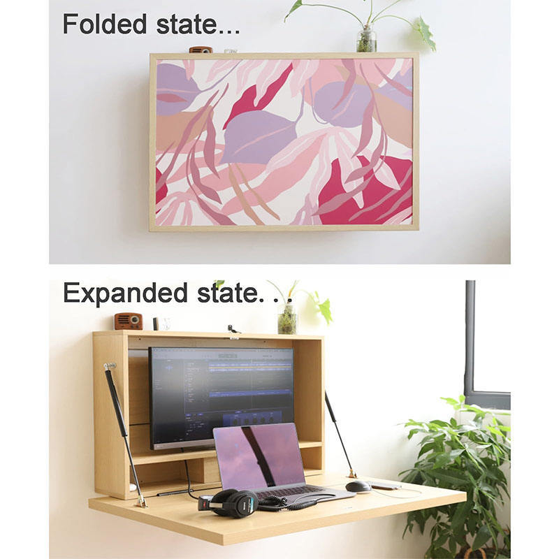 Bureau mural maxi en bois présenté fermé et ouvert