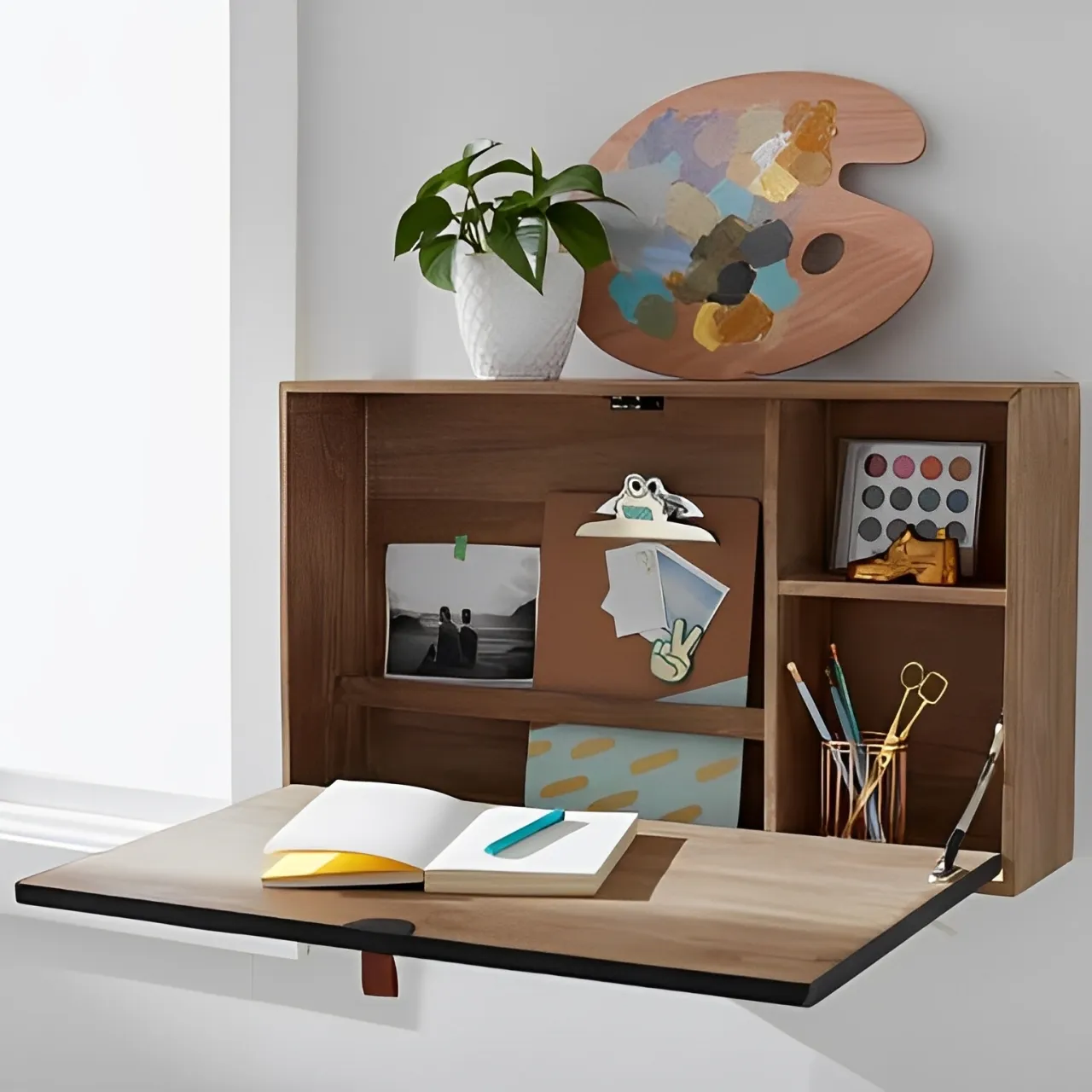 Bureau mural rabattable ouvert avec rangements