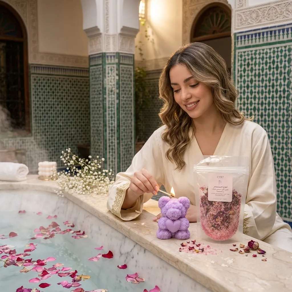 Femme allumant la bougie ours violette au bord de l'eau