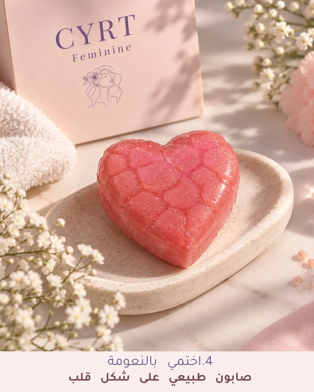 Savon artisanal sculpté en forme de cœur sur un porte-savon en pierre