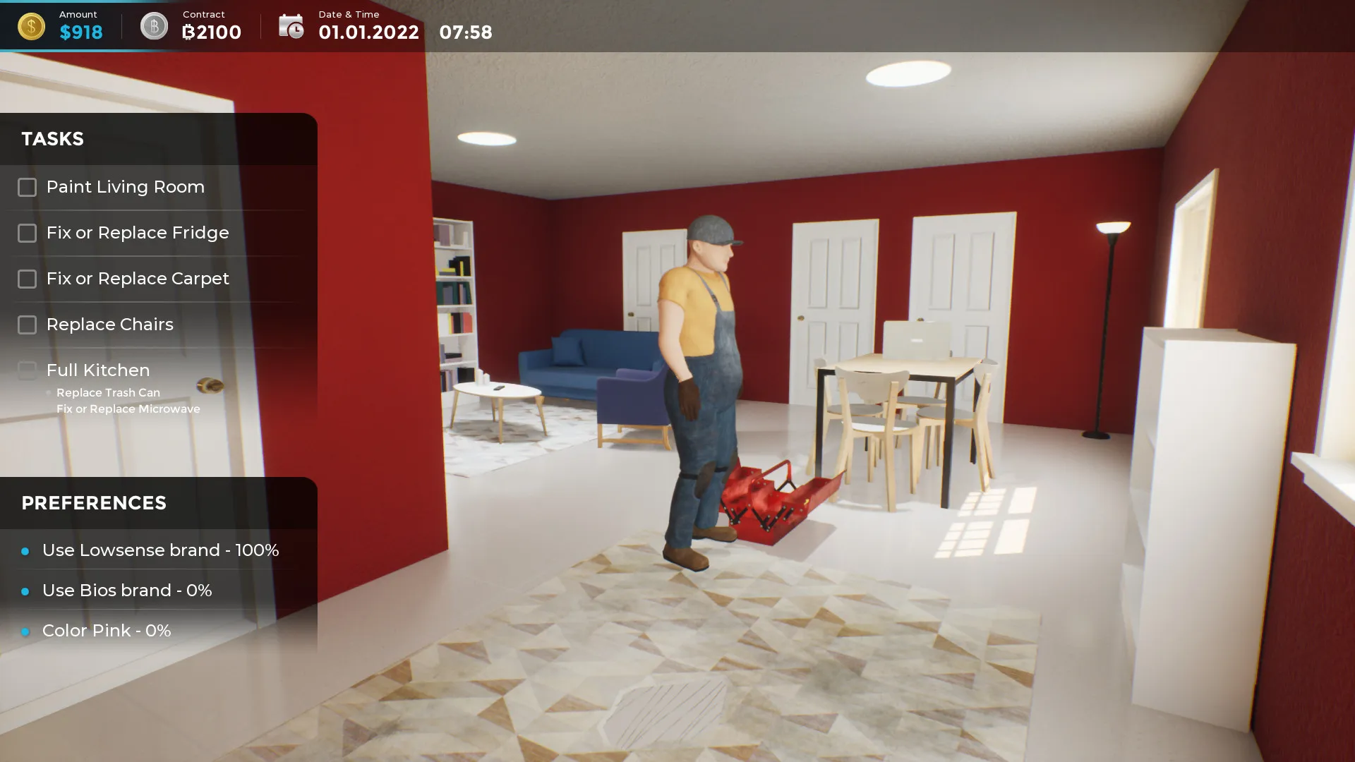 Handyman Corporation in-game task list UI overlay showing renovation job preferences and room repair goals