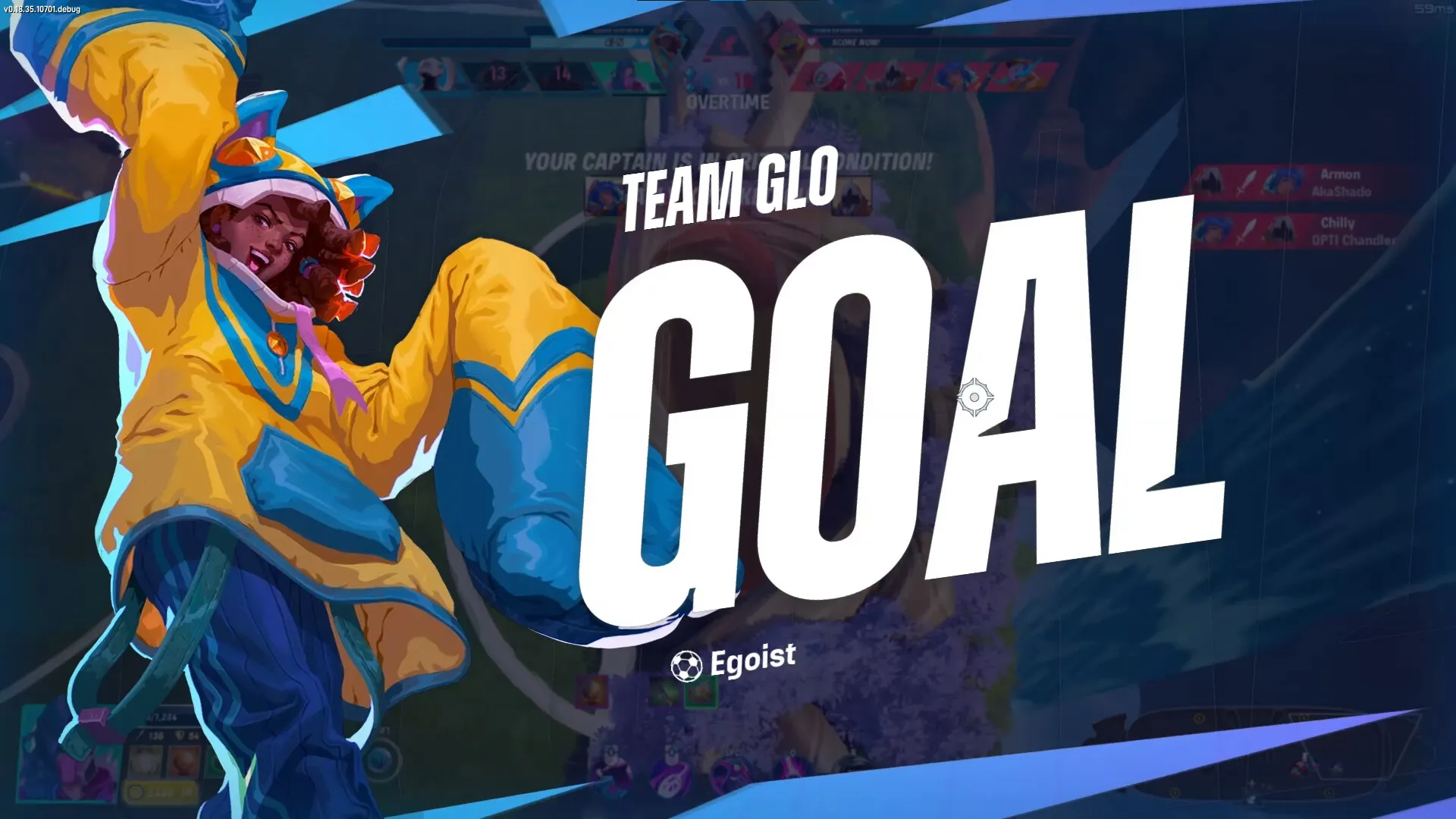 Sparkball UI screenshot showing animated Team Glo Goal celebration banner over 4v4 arena combat