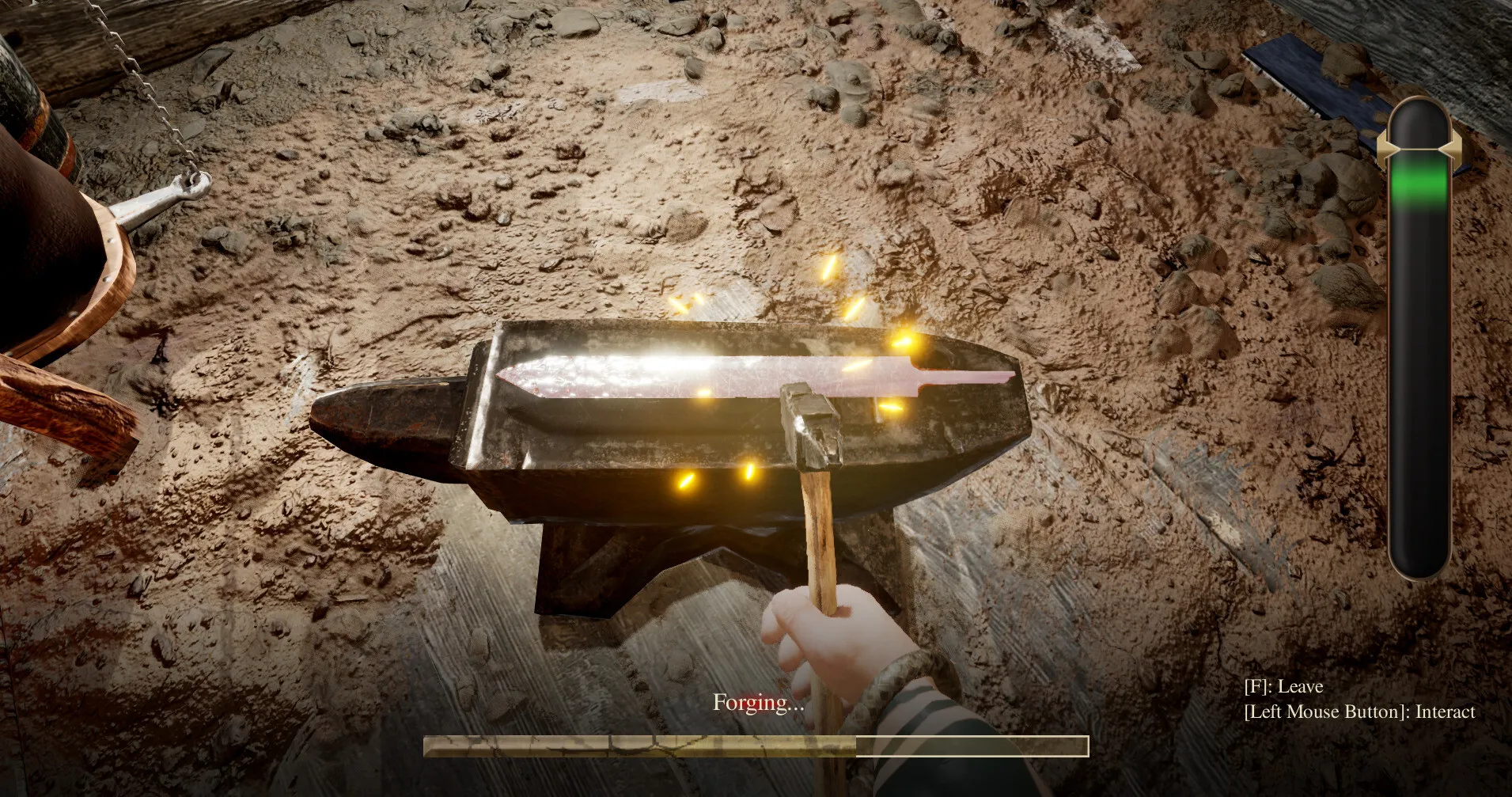 BlackSmith Simulator first-person blade forging interaction on anvil with sparks and progress mechanics