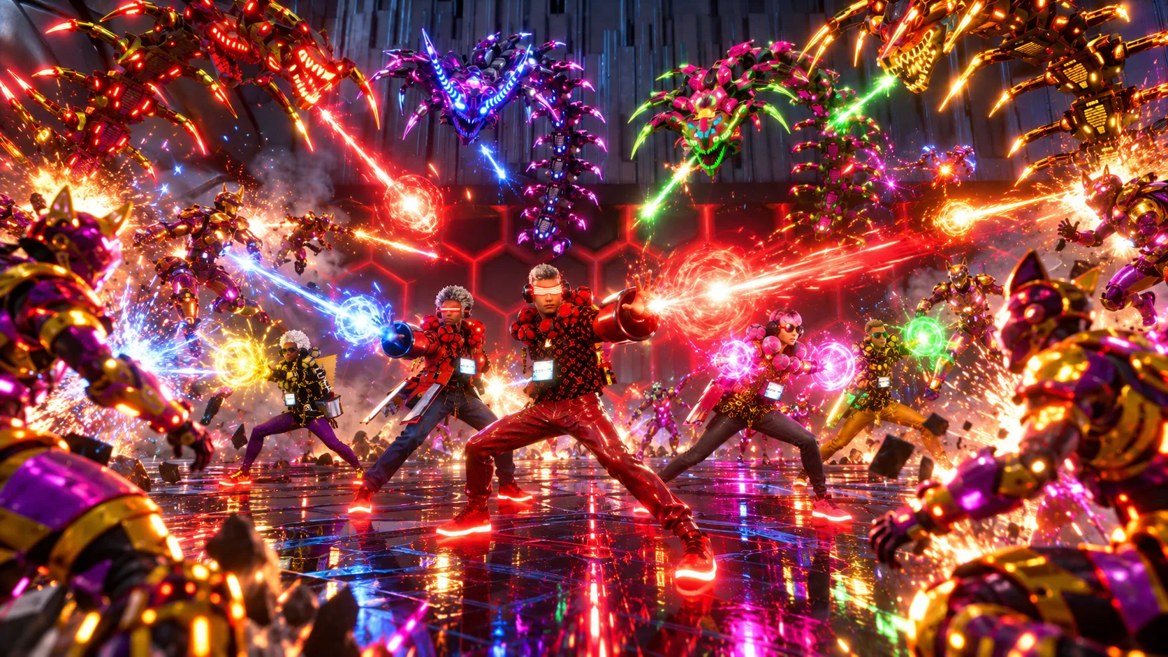 The Colosseum key art featuring intense cyborg combat and laser particle effects