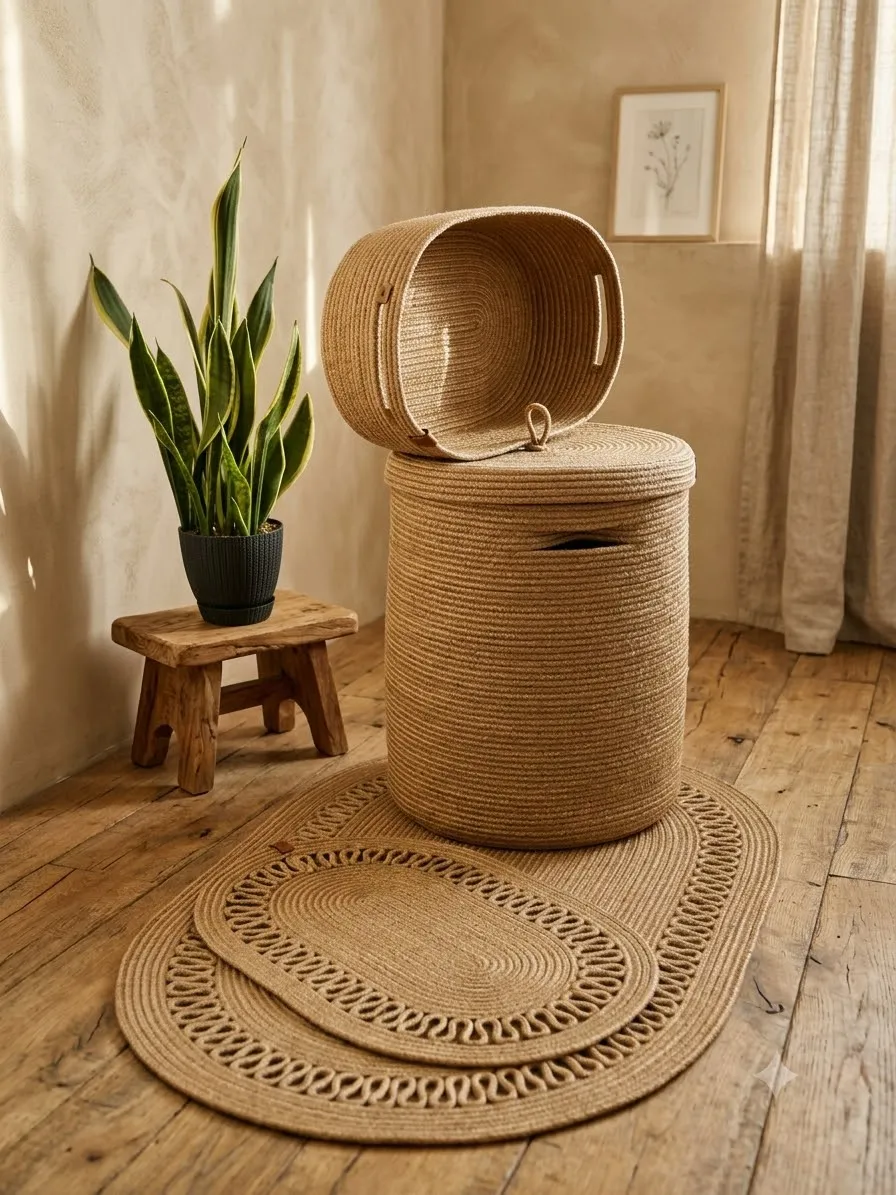 Ensemble de paniers et tapis Kenzi dans un intérieur chaleureux