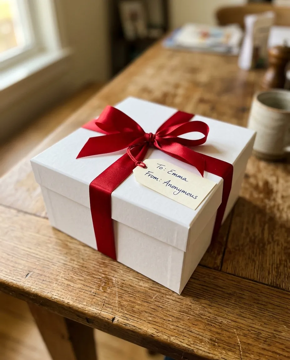 The white EVR Bear gift box with a red satin ribbon, sitting on a wooden bench in a warm bedroom