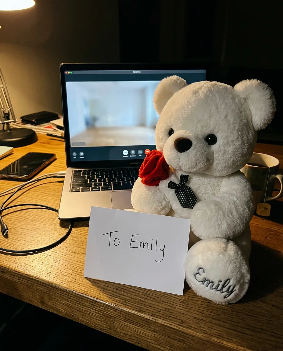 The Huggable sitting on a bed in warm bedside lamp light, a handwritten note resting against it