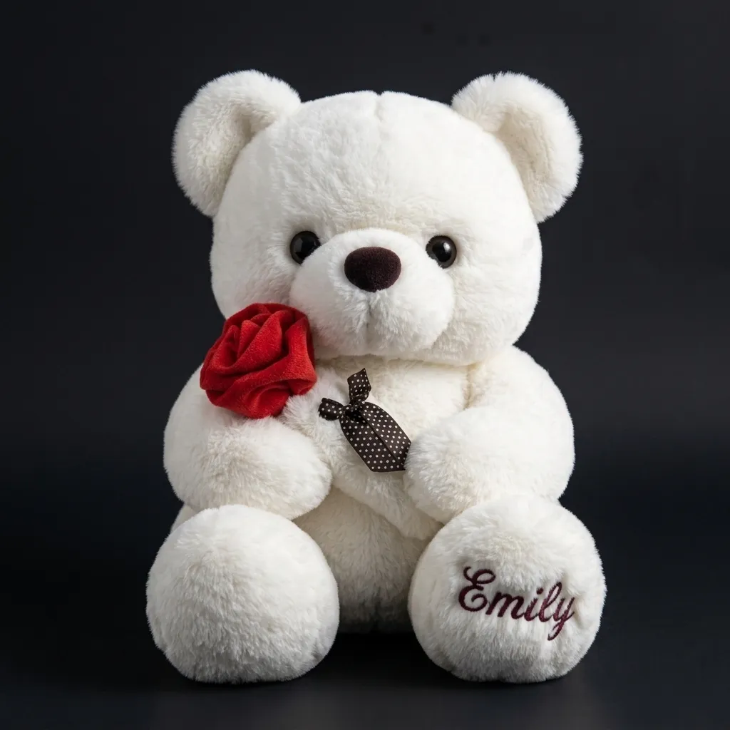 Close-up of dark red embroidery stitched into the bear’s white fur, the red rose beside it, against a near-black background