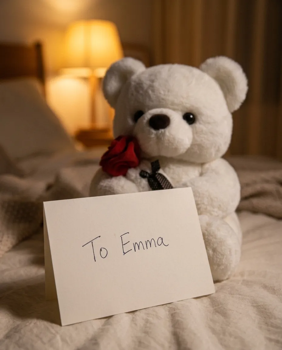 The EVR Bear on a bed in warm lamp light, holding a handwritten card that reads To Emma